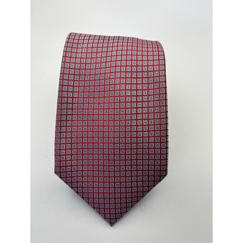PUCCINI Microfiber Tie‎ Necktie Red Geometric Square Check 3"W 59"L Vtg